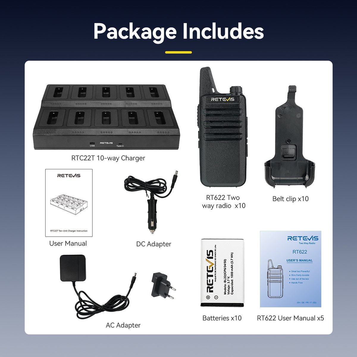 Retevis RT22 license free Small Mini Business Walkie Talkies wireless 2 way communication radios 10 pcs with 10-Way UL charger